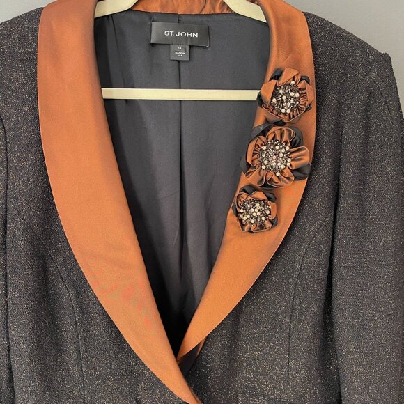 St. John Knit Skirt Suit Set Metallic Black Copper 3 Pc Blazer Skirt Silk Top 14 - Picture 3 of 16